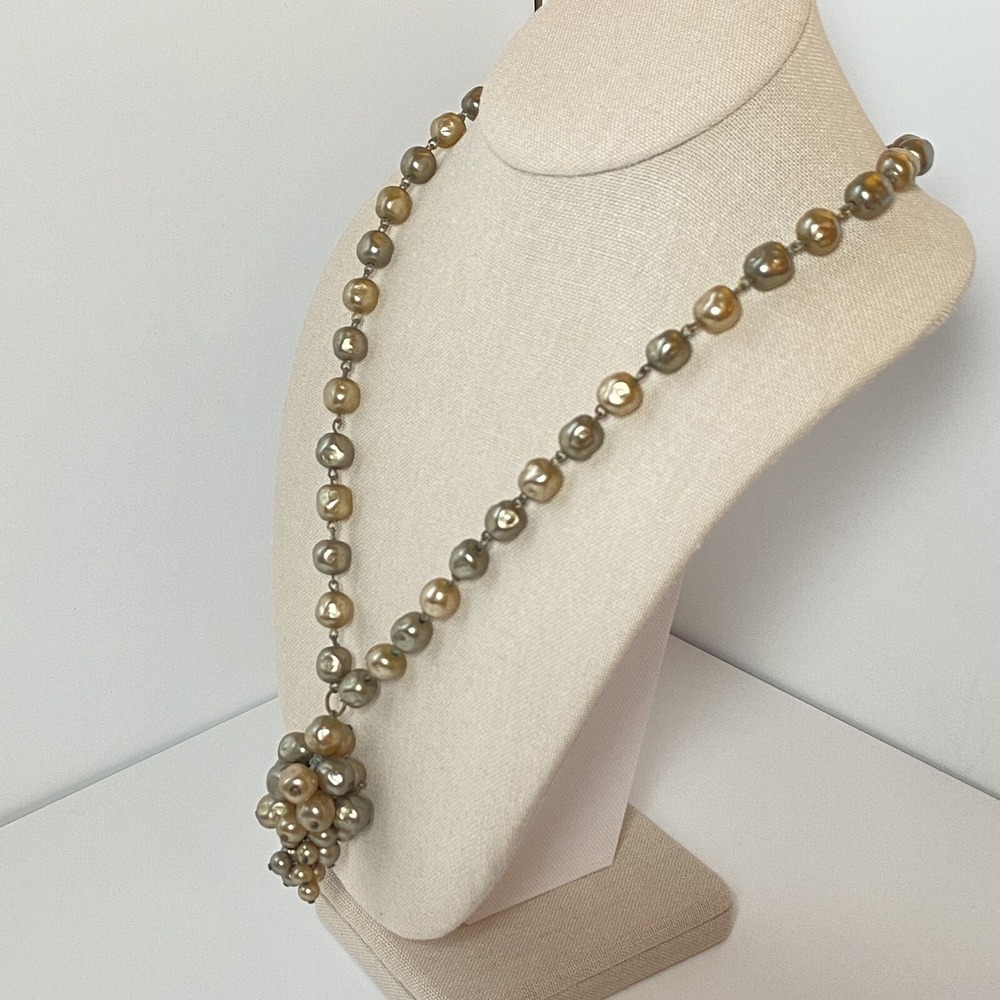 Vintage Champagne Gray Glass Baroque Pearls Graduated Cluster Pendant Necklace - Picture 3 of 14